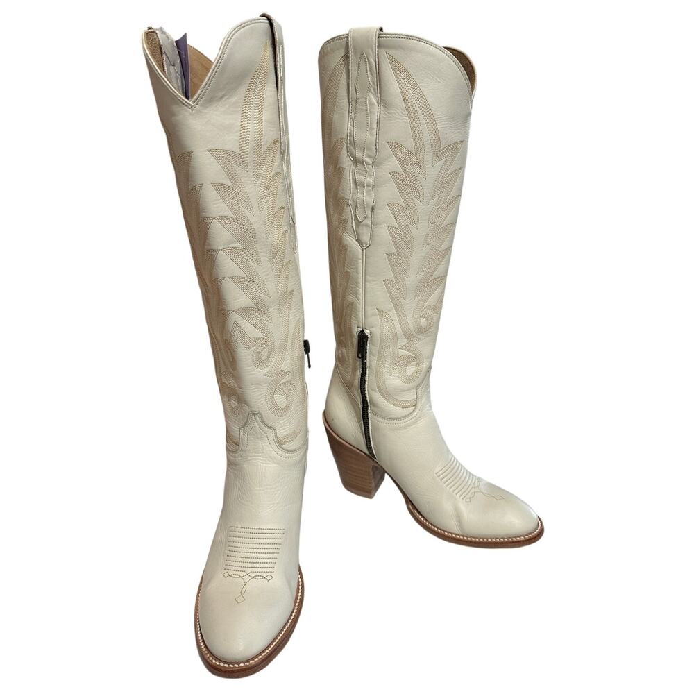 Lucchese Jasmine Tall Boots Cream Leather Zip Western Womens 7.5B NWT Palo Pinto